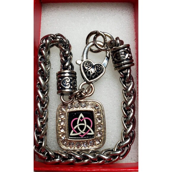 Celtic Trinity Knot Heart Charm Bracelet Silver Tone Pink & Black Romantic Gift - Picture 1 of 7